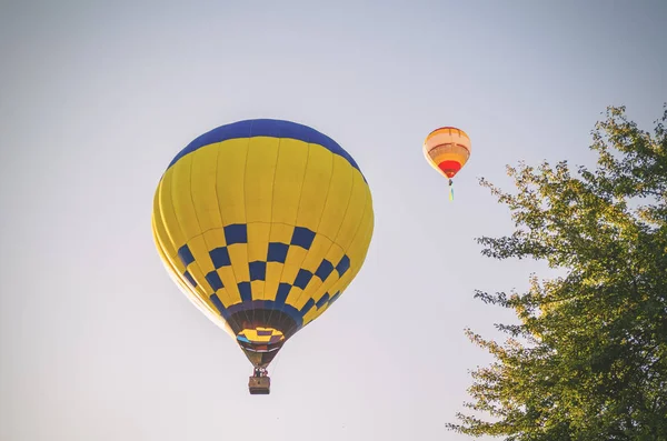 Colorido globo de aire caliente está volando en el cielo azul por encima de los árboles —  Fotos de Stock