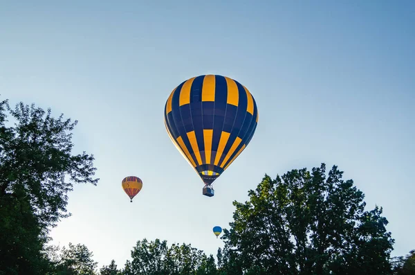 Colorful hot air balloon is flying in the blue sky above the trees — Stock Photo, Image