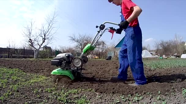 人間は耕運機で庭の地面を耕し 播種のための土壌を準備する — ストック動画