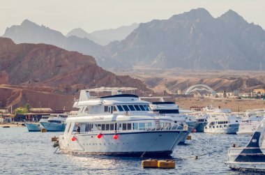 Şarm El Şeyh, Mısır 08 Mayıs 2019: Şarm El Şeyh limanında turistik zevk tekneleri.