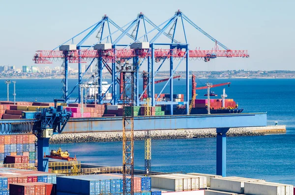 Port cargo kraan laadt een container op een vrachtschip — Stockfoto