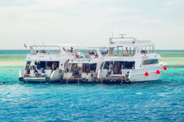 Şarm El Şeyh, Mısır 08 Mayıs 2019:Zevk yolcu gemisi mercan resifi yakınında duruyor, insanlar denizde yüzmek.