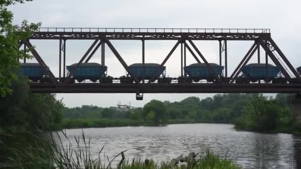 川を渡る鉄道橋の上の貨物列車に乗る — ストック動画