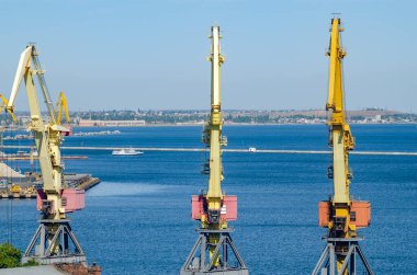 Bir kargo gemisine konteynır yüklemek için iskele vinci.