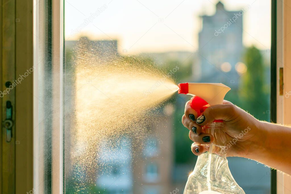 Cleaning window glass with a spray detergent.