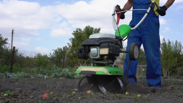 Man Cultivates Ground Garden Tiller Preparing Soil Sowing — Stock Video