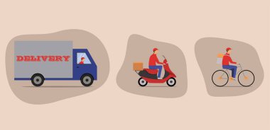 Çevrimiçi dağıtım hizmeti konsepti, çevrimiçi sipariş takibi, eve ve ofise teslimat. Depo, kamyon, scooter ve bisikletli kurye, eldivenli teslimatçı. Stok vektör illüstrasyonu