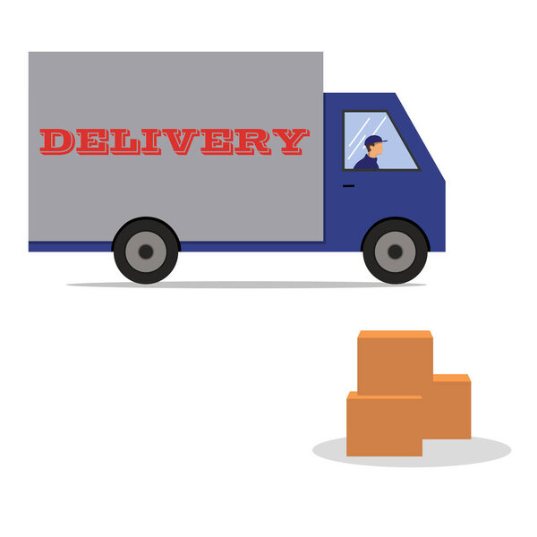 Courier in uniform and gloves with paper bag with food in hands. Full length man with delivery machine in the background.Stock vector illustration.