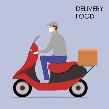 Çevrimiçi gıda dağıtım konsepti. İnternetten yemek siparişi. Motosikletli yemek getiren kurye. Üniformalı, maskeli ve motosikletli biri. İzole edilmiş düz vektör çizimi