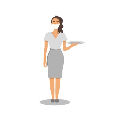 Tekrar açığız. Coronavirüs 'ten sonra tekrar hoş geldiniz. Covid-19 salgınından sonra çalışan restoran. Tıbbi maskeli garson..