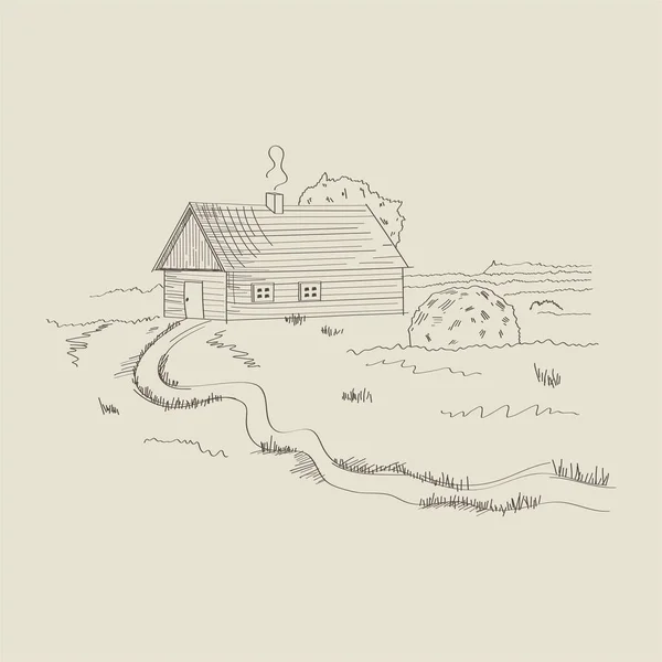 Houten Huis Met Een Hooiberg Voorgrond Winterlandschap Vectorillustratie — Stockvector