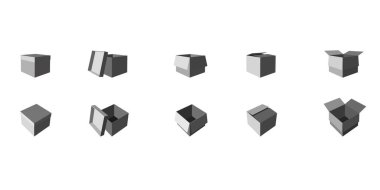 Boş karton kutuyu aç ve kapat. Beyaz bir arka planda izole edilmiş. Bakış açısına göre. Stok vektör illüstrasyonu.