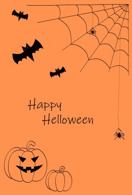 Cadılar Bayramı bayrağınız kutlu olsun ya da parti davetiyesi geçmişiniz sis bulutları ve kağıt kesim tarzında balkabaklarıyla dolu olsun. Vektör çizimi. Dolunay, örümcek ağı, cadı gemisi ve uçan yarasalar. Metin için yer