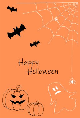 Cadılar Bayramı bayrağınız kutlu olsun ya da parti davetiyesi geçmişiniz sis bulutları ve kağıt kesim tarzında balkabaklarıyla dolu olsun. Vektör çizimi. Dolunay, örümcek ağı, cadı gemisi ve uçan yarasalar. Metin için yer