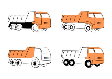 Çöp kamyonu simgeleri ayarlandı. Basit bir çizgi elemanı. Şablonlar, web tasarımı ve bilgi grafikleri için Kamaz sembolü. Beyaz arkaplanda vektör çizimi.