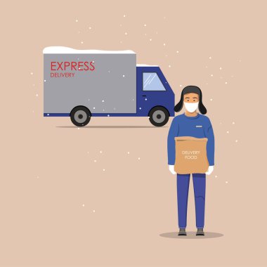 Maske ve eldiven takan teslimatçı çocuk, kapıya yemek paketi bırakıyor. Arka planda teslimat makinesi olan uzun boylu bir adam. Kış vektör illüstrasyonu.
