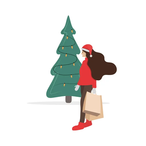 Chica Alegre Con Paquetes Cerca Del Árbol Navidad Ilustración Stock — Vector de stock