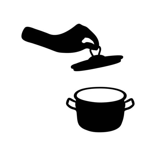 Ikona Pana Gotowanie Ręka Trzyma Pokrywę Duże Naczynie Pokrywką Gotowania — Wektor stockowy