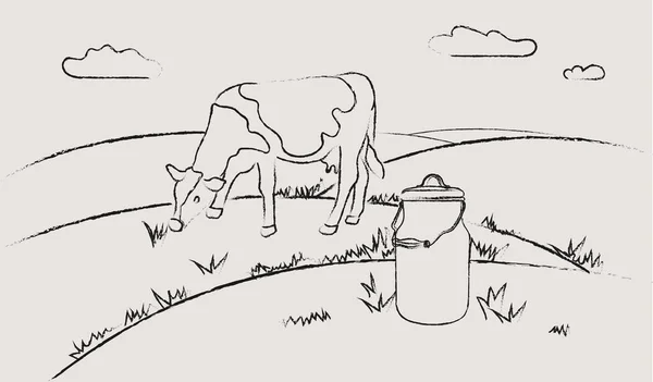 Молочная Ферма Коровы Пасутся Лугу Сельский Пейзаж Деревня Молочные Банки — стоковый вектор