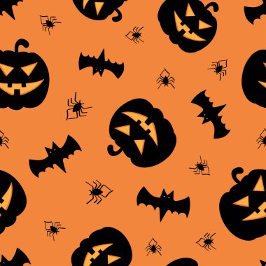 Balkabağı, yarasa ve örümcekle Cadılar Bayramınız kutlu olsun. Canavar kusursuz desen. Vektör hisse senedi çizimi.