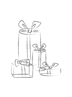 Kurdeleli hediye kutusu, fiyonk. Mutlu Noeller ve mutlu yıllar posteri ya da tebrik kartı için. Beyaz arka planda izole edilmiş, siyah oymalı vektör çizimi. El çizimi tasarım ögesi