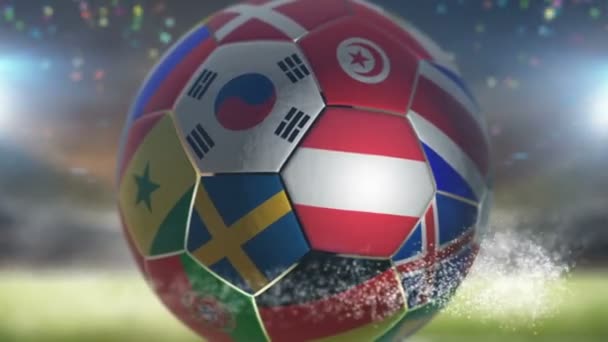 Rakouská vlajka na fotbalovém míči na stadionu — Stock video