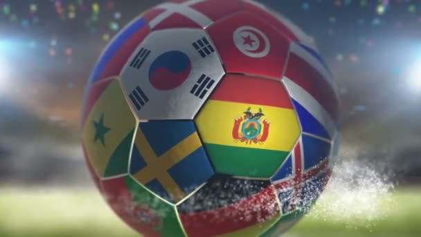 Stadyumdaki futbol topunda Bolivya bayrağı — Stok video