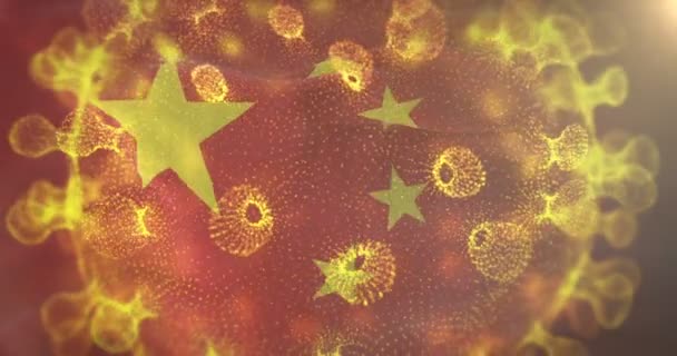 Bandera de China con bacterias del virus de la corona centrada 4k — Vídeos de Stock