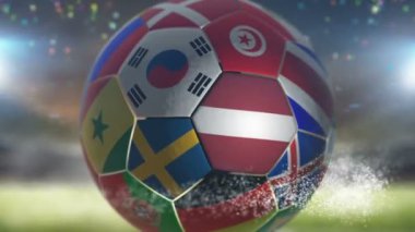 Stadyumda futbol topu üzerinde Letonya bayrağı