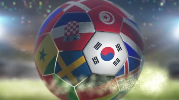 Drapeau coréen sur un ballon de football football dans le stade — Video