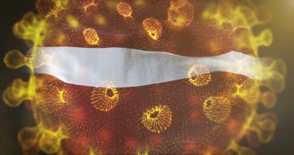Bandera de latvia con microbio coronavirus centrada — Vídeo de stock
