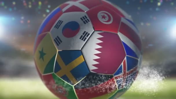 Bandeira do qatar em uma bola de futebol no estádio — Vídeo de Stock