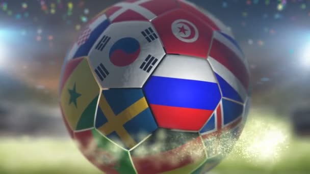 Drapeau russe sur un ballon de football football dans le stade — Video