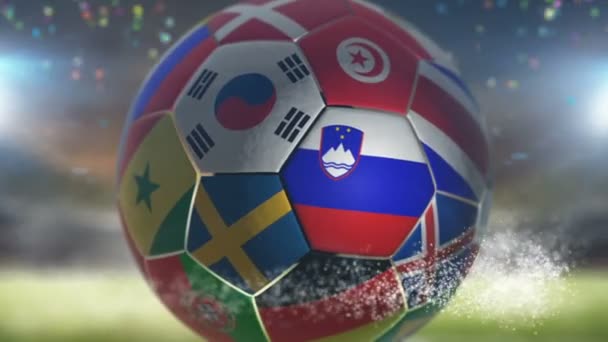 Slovenia flag on a soccer ball football in stadium — Stock Video