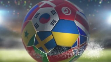 Stadyumda futbol topu üzerinde ukraine bayrağı