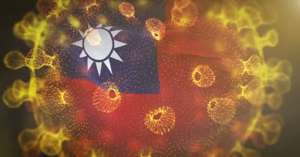 コロナウイルス微生物を中心とした台湾国旗 — ストック動画