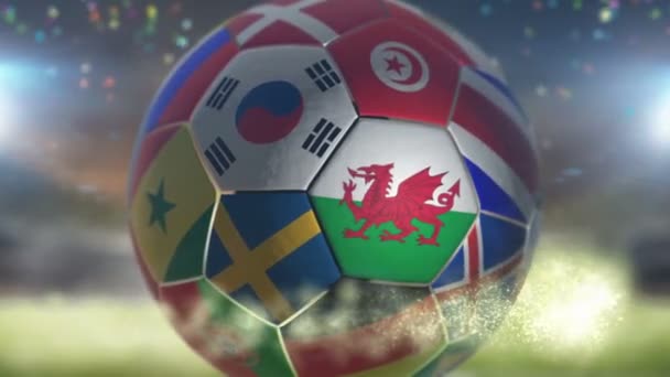 Wales flag on a soccer ball football fly — Stock Video