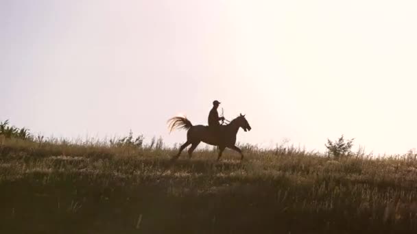 Mannen på hästen flyttar ryttare på kullen — Stockvideo