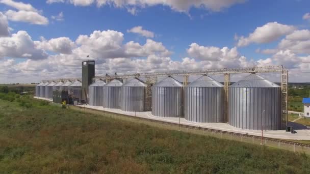 Tanques de almacenamiento de granos y campo de trigo cielo — Vídeo de stock