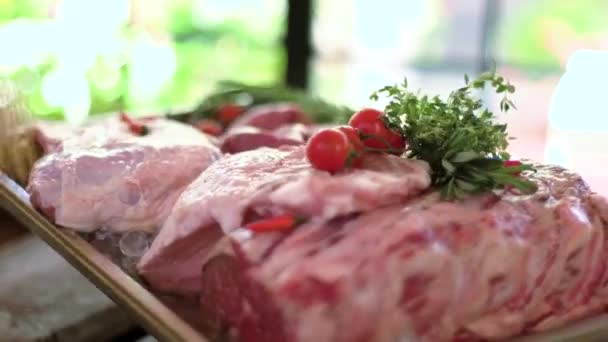 Büyük çiğ et parçaları biber, domates, buzlu dana fileto ve domuz kaburgası. — Stok video