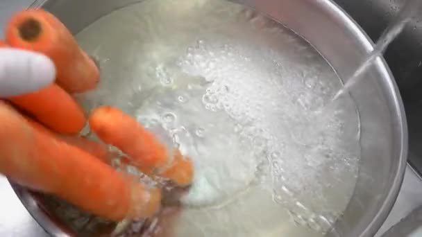 Морковь падает в воду медленно мо сладкий апельсиновый овощ — стоковое видео