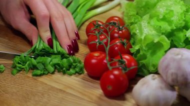 Sebze salatası için yeşil soğan kesiyorum.