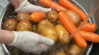 Eller sebzeleri yıkıyor ağır çekimde patates ve havuç.