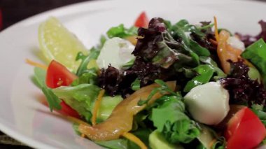 Somon sebzeli salata ve mozzarella peyniri zeytinyağlı salata.