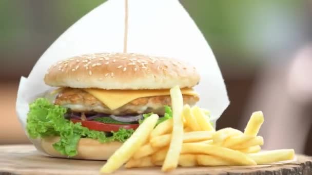 Fast food posiłek zamknąć kurczaka hamburgera i frytki — Wideo stockowe