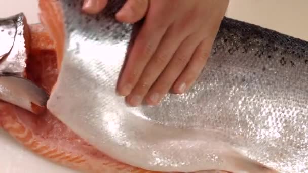 Mans ręce wziąć mięso ryby oczyszczone surowe ryby — Wideo stockowe