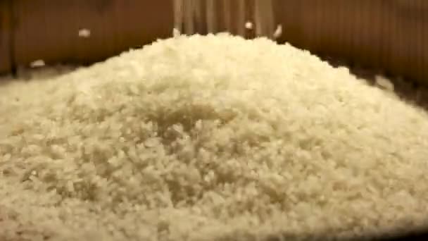 Купа рису крупним планом біла крупа падає ціна ринку зерна зростає — стокове відео