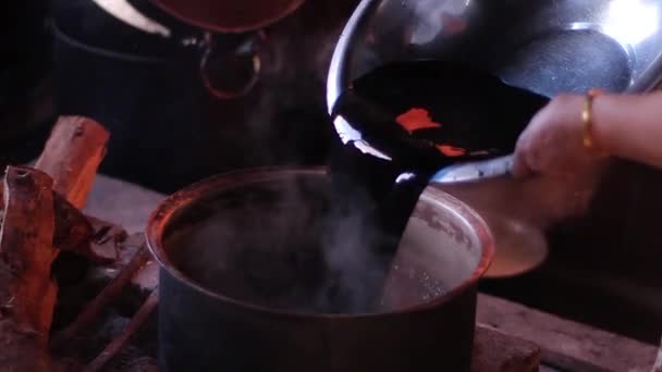Przygotowanie barwnika do tkanin gotujących na palenisku starożytna kultura — Wideo stockowe