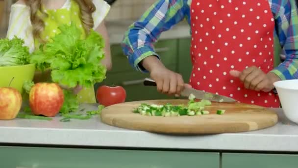 Dwoje dzieci gotujących świeże warzywa na stole — Wideo stockowe