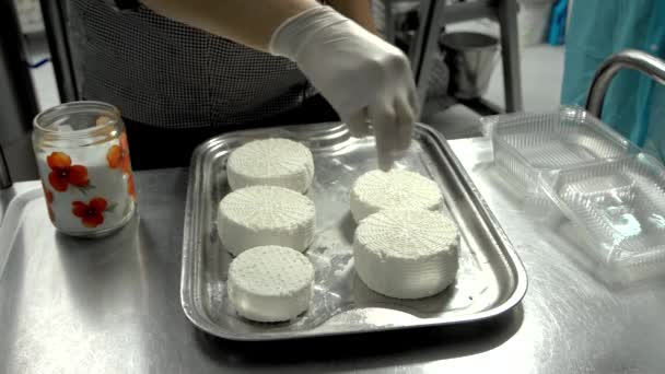 Kobieta robi ser z owczej maszyny do produkcji sera mlecznego — Wideo stockowe